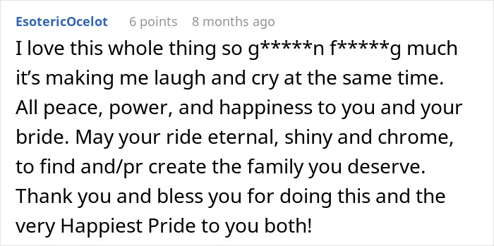 Screenshot of a supportive comment celebrating a woman's bold coming out to her homophobic family.
