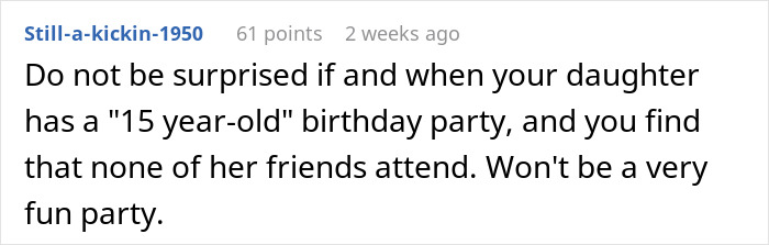 Comment criticizing a parent for prioritizing a family trip over a daughter's plans with friends.