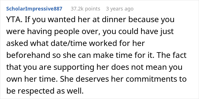 Text message criticizing a woman for planning dinner without informing her daughter, highlighting respect for commitments. Text message criticizing a woman for planning dinner without informing her daughter, highlighting respect for commitments.