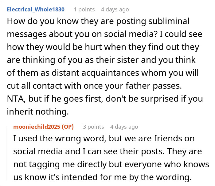 Online discussion about not viewing stepmom and stepsisters as real family, causing drama.