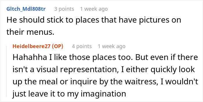 Reddit comment thread about frustration with boyfriend's restaurant behavior.