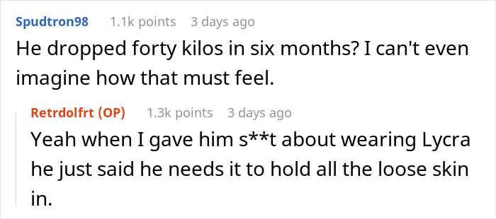 Comments discussing a man's 40kg weight loss and wearing Lycra for loose skin.