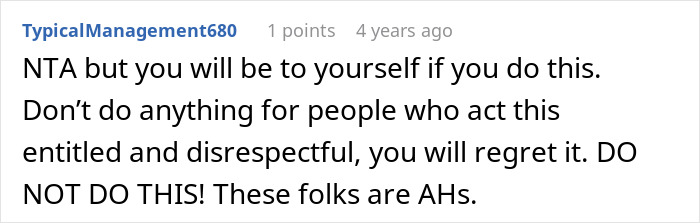 Reddit comment advising against babysitting for entitled family at low pay.