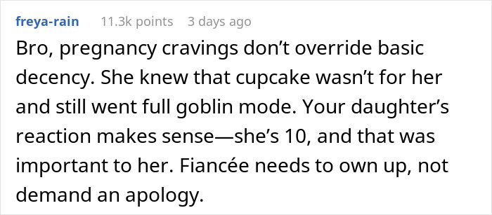 Comment discussing pregnancy cravings and apology over eating a cupcake, suggesting accountability. Comment discussing pregnancy cravings and apology over eating a cupcake, suggesting accountability.