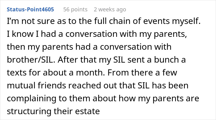 Reddit post discussing SIL's complaint about estate planning involving a gay man without kids.