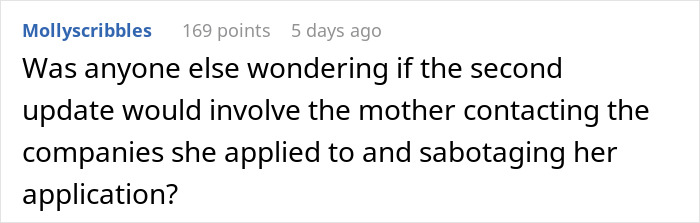 Comment discussing a mother's actions affecting her daughter's job applications.