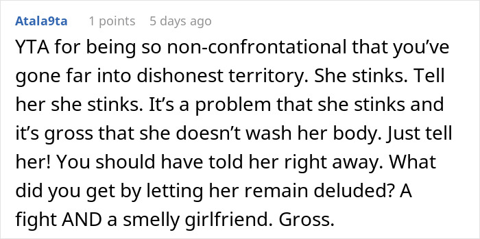 Comment about woman not accepting body odor after not showering. Comment about woman not accepting body odor after not showering.