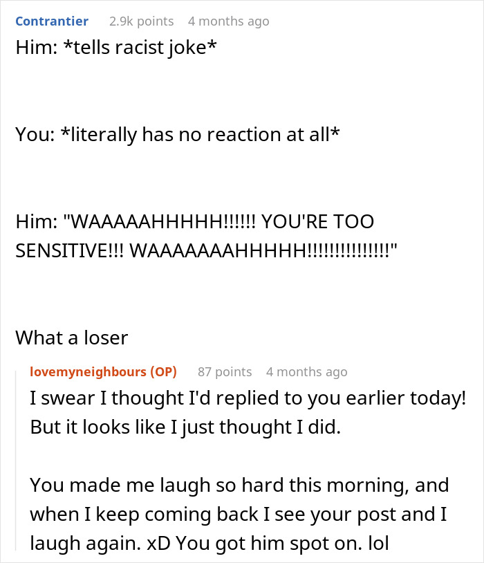 Text exchange criticizing a man for making insensitive jokes about immigrants, eliciting laughter and disbelief.