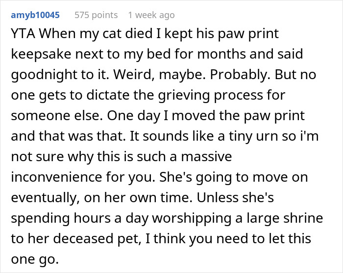 Comment discussing grieving process over dog's ashes and pet loss. Comment discussing grieving process over dog's ashes and pet loss.