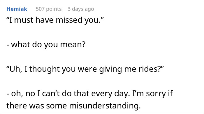 Text exchange about a neighbor misunderstanding a one-time ride as a daily carpool agreement.