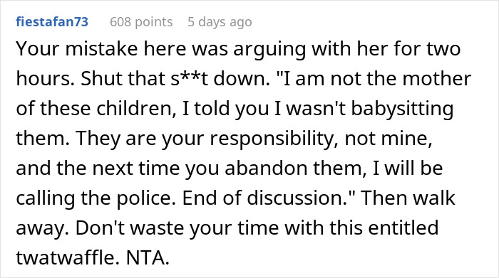 Comment discussing babysitting refusal and responsibility shift between sisters.