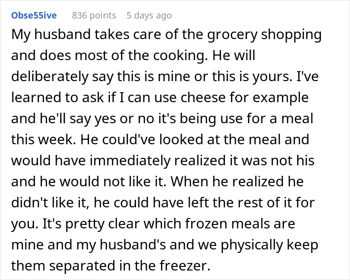 Text about husband mistakenly eating wife's lunch, leading to disagreement over frozen meals. Text about husband mistakenly eating wife's lunch, leading to disagreement over frozen meals.