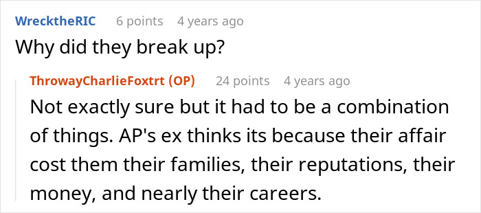 Reddit discussion about why affair partners' relationships ended, mentioning family, reputation, and career impacts.