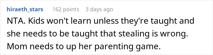 Comment text emphasizing teaching children that stealing is wrong and the need for better parenting to address sticky-fingers niece behavior.