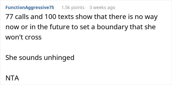 Comment discussing boundaries and communication overload with 77 calls and 100 texts, highlighting frustration and resolution.
