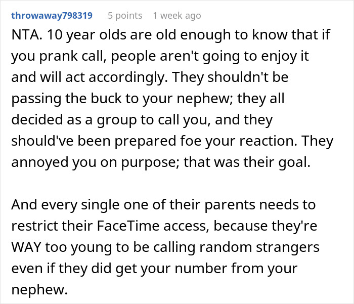 Text of a comment discussing a nephew's prank calls and parental responsibility.