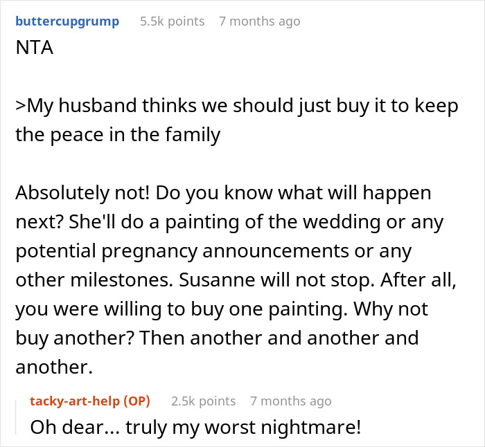 Forum discussion about buying unwanted paintings to maintain family peace, highlighting a nightmare scenario. Forum discussion about buying unwanted paintings to maintain family peace, highlighting a nightmare scenario.
