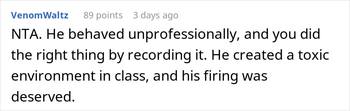 Comment discusses recording professor's sexist remarks, supporting the firing.