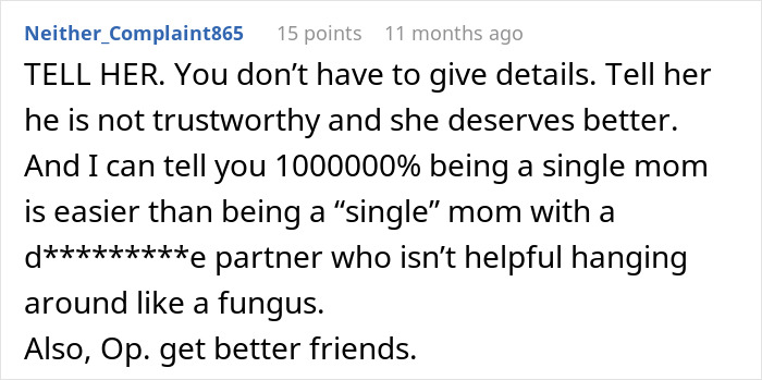 Reddit comment advises confronting untrustworthy partner about cheating.
