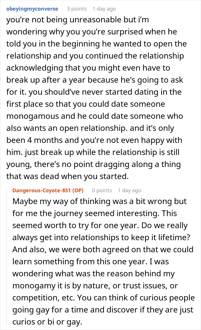 Reddit conversation about opening a relationship at four months, partner's response leads to breakup.