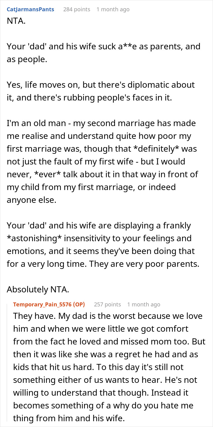 Reddit thread discussion on dad's insensitivity about honoring mom's passing anniversary. Reddit thread discussion on dad's insensitivity about honoring mom's passing anniversary.