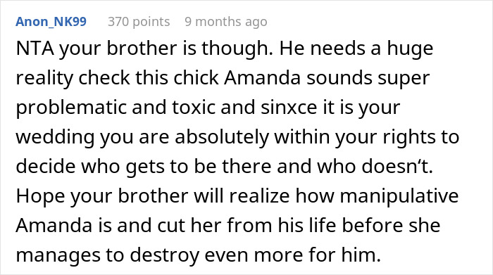 Comment on brother choosing +1 for wedding, criticizing his female BFF, not long-term GF.
