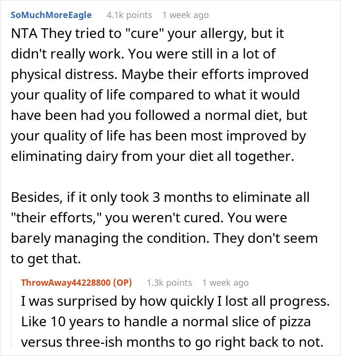 Reddit post discussing allergy embarrassment; users critique parents&rsquo; approach to managing allergies.