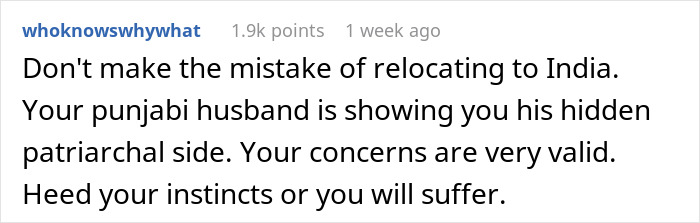 Comment discussing concerns about relocating to India and relationship dynamics.