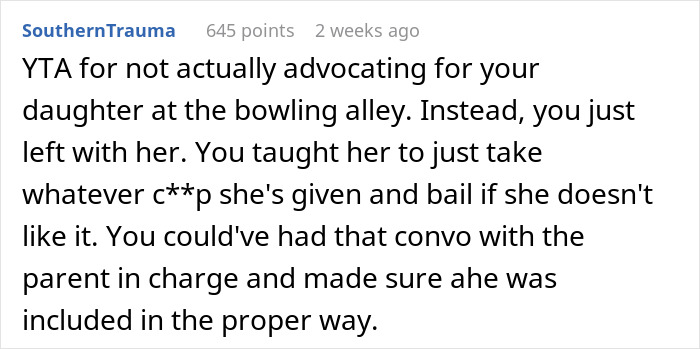 Comment criticizing mom's decision to leave daughter's birthday party without addressing inclusion.