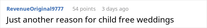 Reddit comment on child-free weddings suggesting potential disruptions by kids. Reddit comment on child-free weddings suggesting potential disruptions by kids.