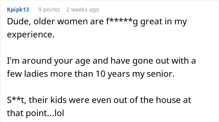 Text comment discussing experiences with dating older women. Text comment discussing experiences with dating older women.