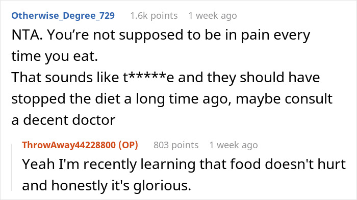 Reddit conversation about parents and an allergy, discussing diet changes and discomfort with eating.
