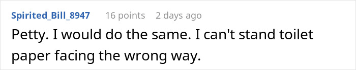 Reddit user comment on MIL's controlling behavior regarding toilet paper direction. Reddit user comment on MIL's controlling behavior regarding toilet paper direction.