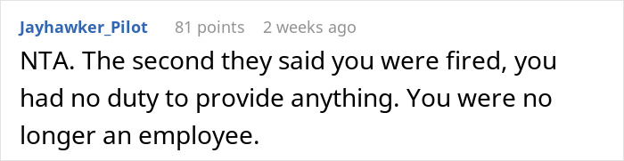 Text post discussing employee duty after termination.