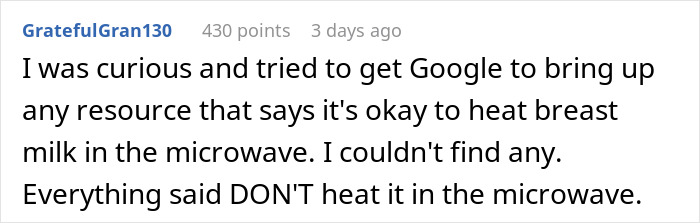 Comment questioning safety of microwaving breast milk, emphasizing warnings against it.