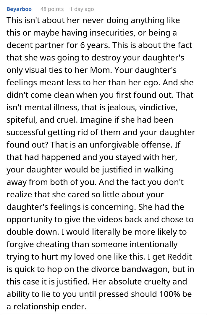 Reddit comment discussing man's plan to surprise daughter with tapes of her late mother and his new wife's interference.