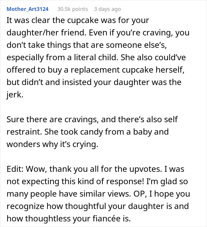 Text post discussing a woman eating a child's cupcake and demanding an apology due to pregnancy cravings. Text post discussing a woman eating a child's cupcake and demanding an apology due to pregnancy cravings.