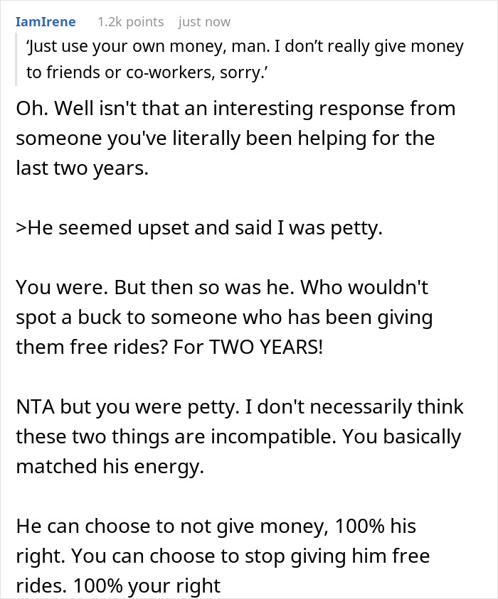 Text exchange about coworker giving free rides for two years and ending it over a dollar dispute.