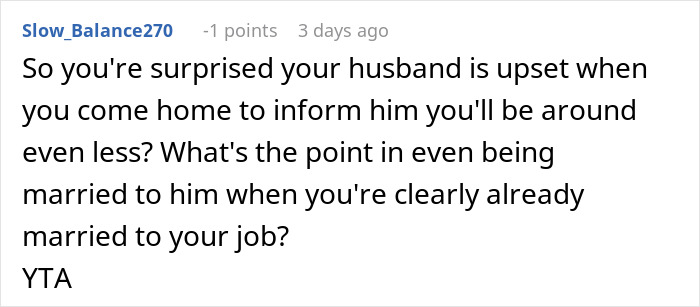 Reddit comment discussing conflict over job promotion and its impact on a marriage.