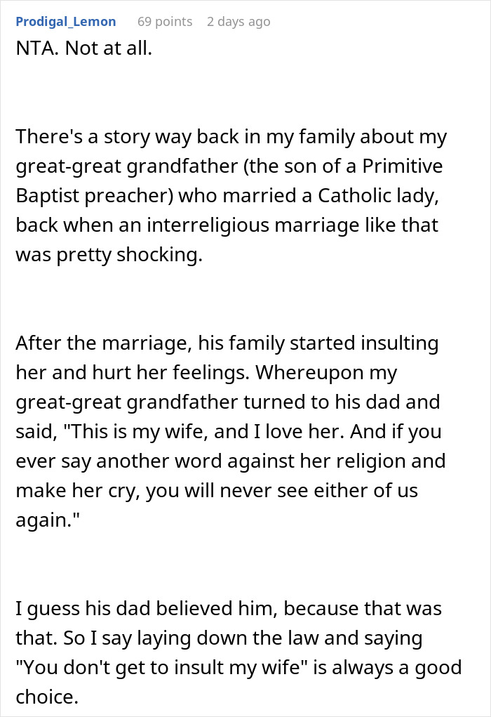 Reddit post recounting family story of defending wife against prejudice, emphasizing respect in intermarriages.