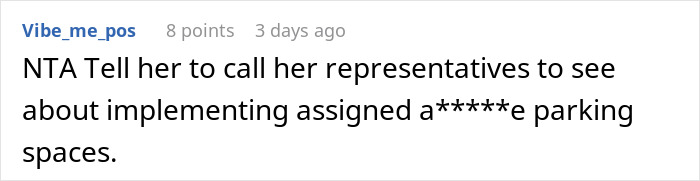 Reddit comment discussing parking spaces and implementing assigned spots.