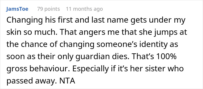 Text comment about adoption and name changes after sibling's death.