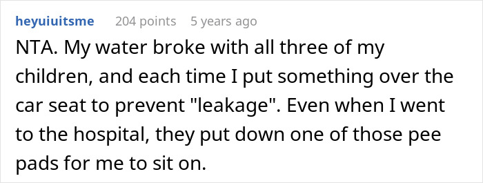 Reddit comment about waterproofing car for pregnant neighbor's ride, mentioning water breaking, leakage, and hospital prep. Reddit comment about waterproofing car for pregnant neighbor's ride, mentioning water breaking, leakage, and hospital prep.