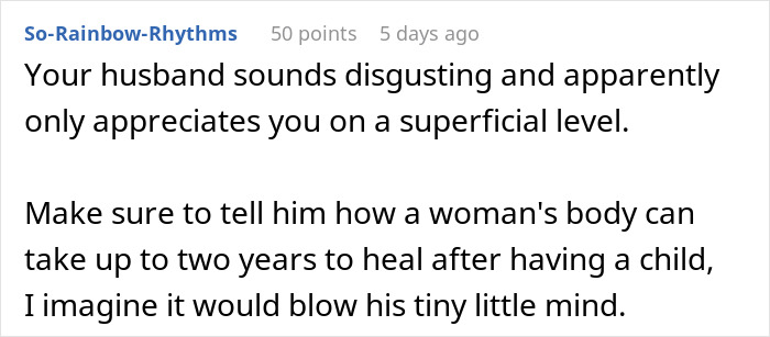 Comment criticizes husband's demand for wife to go to gym postpartum, emphasizing body healing after childbirth. Comment criticizes husband's demand for wife to go to gym postpartum, emphasizing body healing after childbirth.