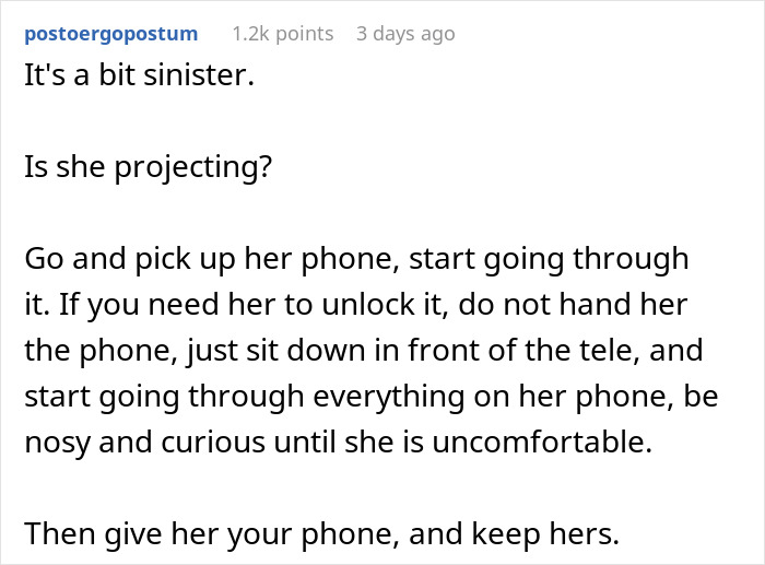 Reddit comment discussing a wife secretly monitoring her husband's spending and phone activities.