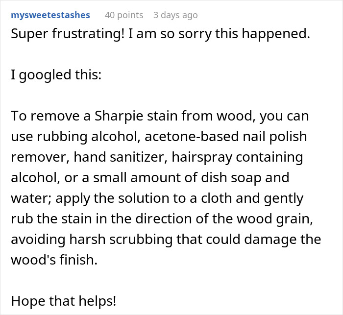 Instructions for removing Sharpie stains from wood; linked to kid-friendly wedding incident. Instructions for removing Sharpie stains from wood; linked to kid-friendly wedding incident.