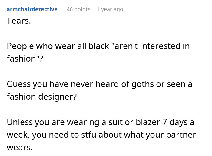 Screenshot of a Reddit comment discussing fashion stereotypes and partner criticism. Screenshot of a Reddit comment discussing fashion stereotypes and partner criticism.
