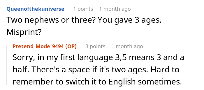 Reddit exchange about a language misunderstanding regarding ages, related to unpaid babysitting boundaries.