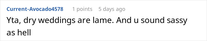 Reddit comment criticizing dry weddings, calling them lame with a sassy tone. Reddit comment criticizing dry weddings, calling them lame with a sassy tone.