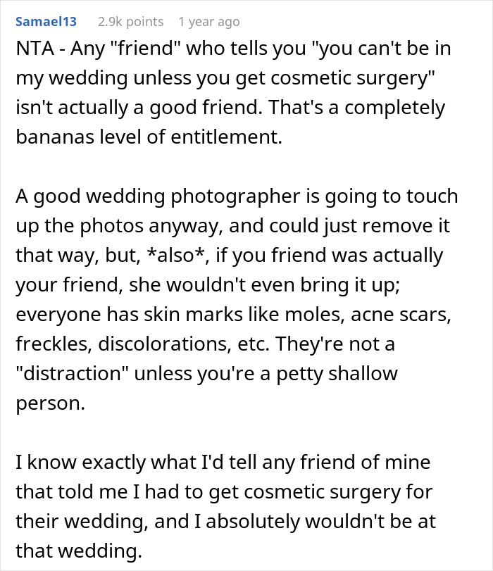Reddit comment on bridesmaid facial surgery, emphasizing entitlement and the irrelevance of cosmetic changes for weddings. Reddit comment on bridesmaid facial surgery, emphasizing entitlement and the irrelevance of cosmetic changes for weddings.